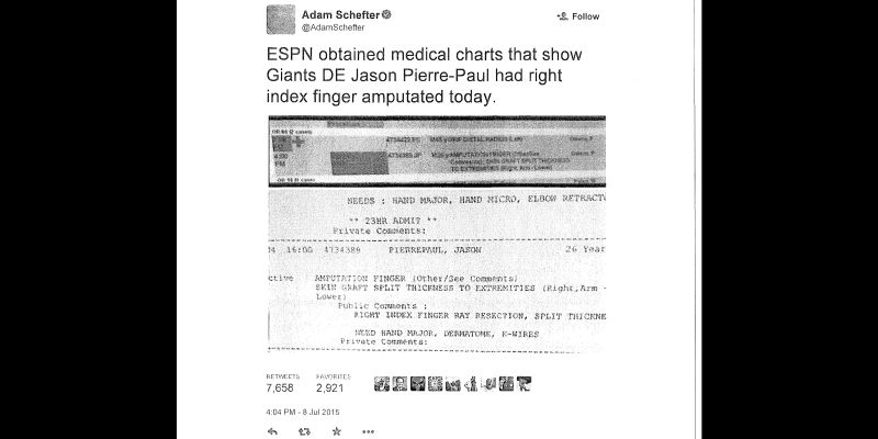 Schefter’s tweet as it appears in court documents.
